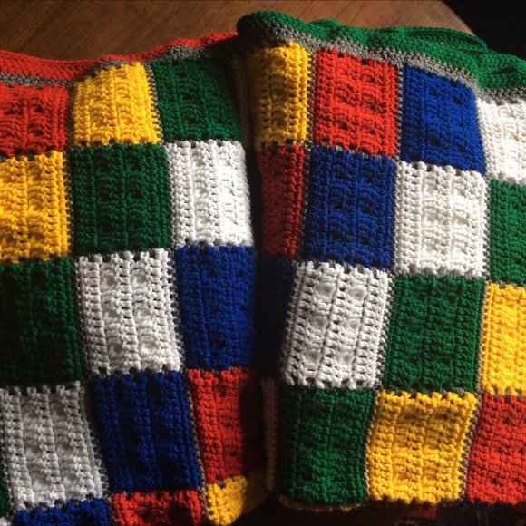 Set of 2 colorful crocheted Afghans 3 x 6 ft handmade Lego granny squares Twins - Picture 6 of 7